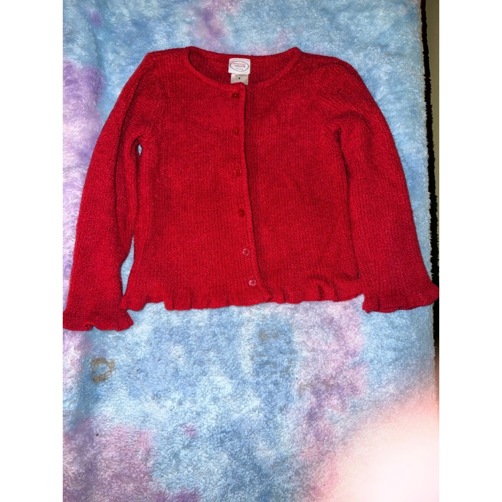 Talbots Kids Red Lettuce Edge Button Front Cardigan Sweater Size 4